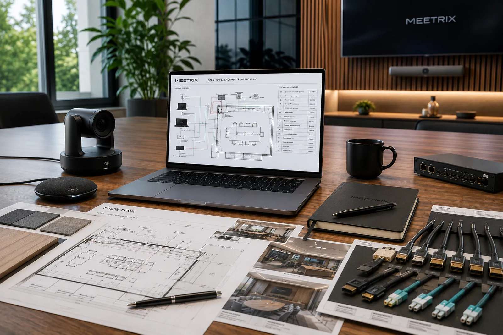 Projektowanie systemu wideokonferencyjnego dla firmy – laptop z projektem sali konferencyjnej, kamera konferencyjna i dokumentacja techniczna AV.